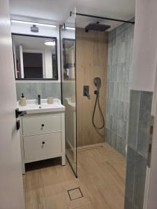 a bathroom with a shower and a sink and a mirror at Kalamea Apartment Kalathas in Kalathas