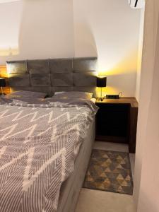 a bedroom with a large bed and a night stand at HARMONY STONE ViLLA in Ovčar Banja