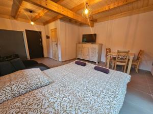 a bedroom with a bed and a table and chairs at Apartamenty nad potokiem in Krościenko