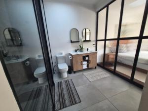 a bathroom with a toilet and a sink and a shower at Ambiance Guesthouse in Pretoria
