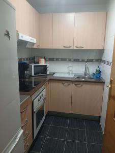 a small kitchen with a sink and a microwave at Lagunas Ruidera 9 in Ruidera