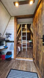 a room with a room with a bed in a attic at Горный приют in Yabluniv +24 photos