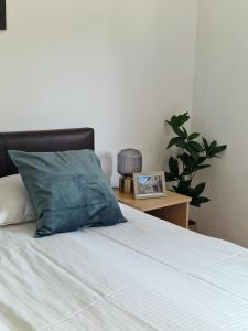 a bed with a blue pillow and a table with a plant at Miljana in Vukovar