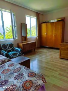 a room with a bed and a dresser and windows at Gujejiani Guest house in Mestia +55 photos