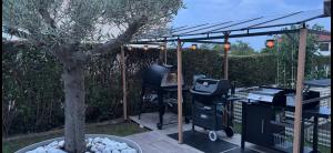 a grill under a pergola next to a tree at Studio piscine in Puy-Guillaume