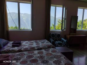a bedroom with two beds and windows with a view at Gujejiani Guest house in Mestia