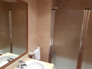 a bathroom with a shower and a sink and a mirror at APARTAMENTOS Hotel TurMo in Labuerda