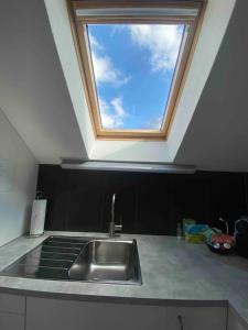 a kitchen sink with a skylight in the ceiling at Stilvolles Loft-Apartment in Gais +10 photos