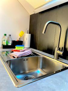 a kitchen counter with a sink in a kitchen at Stilvolles Loft-Apartment in Gais