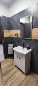a bathroom with a sink and a mirror at Apartmán Domča in Banská Štiavnica