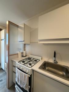 a kitchen with a stove top oven next to a sink at Torre Alberti Apartments in Mar del Plata +31 photos