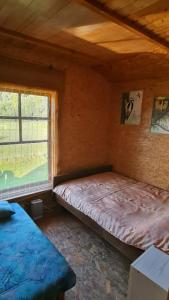 a small bedroom with a bed and a window at Viešnagė gamtos prieglobstyje in Gūragiai