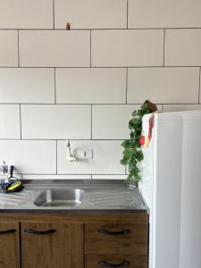 a kitchen with a sink and a refrigerator at Apartamento em Garopaba in Garopaba +23 photos