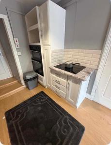 a small kitchen with a stove and a kitchen rug at The City Walls Residence in Waterford +21 photos