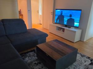 a living room with a couch and a flat screen tv at Sonnige Wohnung in Grenchen