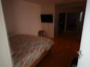 a bedroom with a bed and a flat screen tv at Sonnige Wohnung in Grenchen