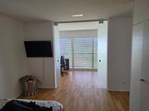 a living room with a bed and a flat screen tv at Sonnige Wohnung in Grenchen +2 photos