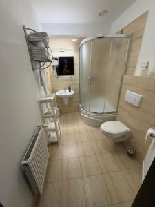 a bathroom with a shower and a toilet and a sink at Arkadia Gościniec-klima,parking,ogród in Opole +46 photos