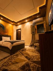 a bedroom with a king sized bed and a television at Crystal pyramid inn in Cairo