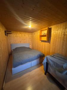 a bedroom with a bed in a wooden cabin at Appartement Grande Dixence - Hérémence in Hérémence