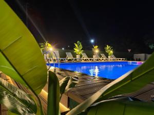 a swimming pool at night with chairs and trees at Our village in Khoni