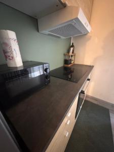 a kitchen with a microwave and a black counter top at Le due dimore del Baluardo in Novara