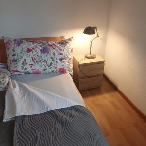 a bedroom with a bed with a lamp on a night stand at Bnb Bouveret in Port-Valais