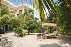 a couple of chairs and an umbrella on a beach at Casa Mia El Cuyo Eco Beach Boutique Hotel Sin Aire Acondicionado in El Cuyo