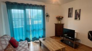 a living room with a blue curtain and a tv at Grand T2 calme avec parking privé à Toulouse in Toulouse +2 photos