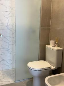 a bathroom with a white toilet and a shower at luxury apart 1 in Villa María +3 photos