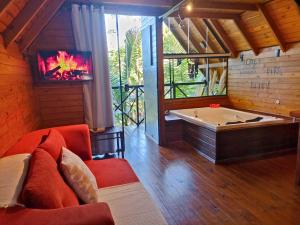 a living room with a tub and a tv at Cabana com Cachoeira Privativa in Imaruí