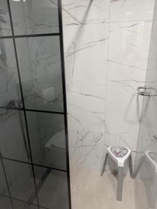a white bathroom with a shower and a toilet at Hidden Hills Cottage Sarajevo in Sarajevo