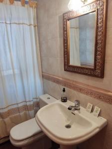a bathroom with a sink and a toilet and a mirror at Casa Flor de Rello in Rello +7 photos