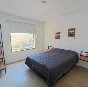 a bedroom with a large bed and a window at Cabañas La Puesta del Sol in Estancia Vieja