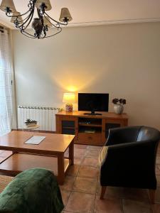 a living room with a table and a tv at Remoña 2 in Espinama