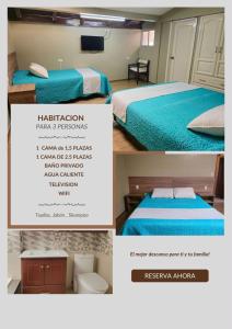 a collage of three pictures of a bedroom at Casa Tungurahua in Baños