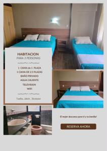 two pictures of a room with a bed and a bathroom at Casa Tungurahua in Baños