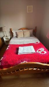 a bedroom with a bed with a red blanket at 2 bedroom house 