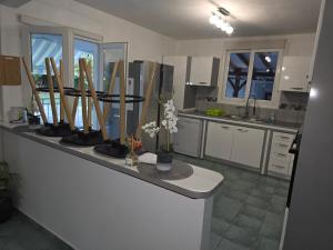 a kitchen with a counter with a bunch of skis on it at Villa Ti'Sol in Saint-François