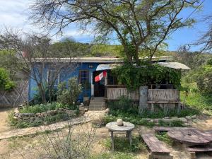 a blue building with a table in front of it at Casa De Darwin in Lobitos