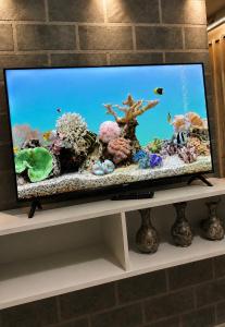 a flat screen tv sitting on a shelf with an aquarium at Aconchego in Fortaleza