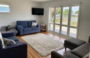 a living room with two blue chairs and a tv at Dublin No 5 in Martinborough