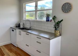 a kitchen with a sink and a clock on the wall at Dublin No 5 in Martinborough