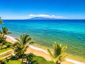 an aerial view of a beach with palm trees and the ocean at Mahana 604 Oceanfront 1BD 1BA condo in Kahana