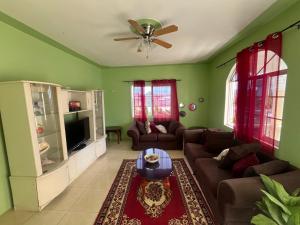 a living room with green walls and a ceiling fan at Serenity Escape in Runaway Bay