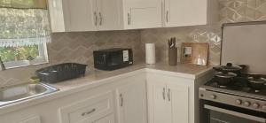 a kitchen counter with a microwave and a sink at Hidden Gem in Happy Hill
