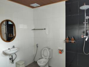 a bathroom with a toilet and a sink and a mirror at Japa Amerta Villa in Amed +4 photos