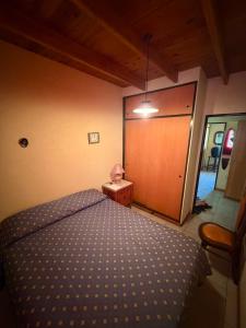a bedroom with a bed and a wooden door at TRAPICHE SUITES HABITACIONEs in Godoy Cruz