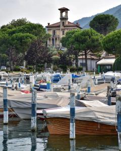 a bunch of boats are docked in the water at CASA SMERALDO - LIGHT BLUE in Clusane sul Lago