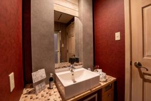 a bathroom with a white sink and a mirror at MONI hotel in Atsugi